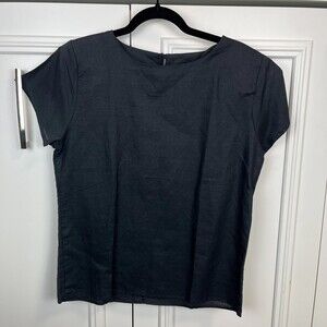 80s 90s Black Rounded Neck Top Ramie Cotton Blend